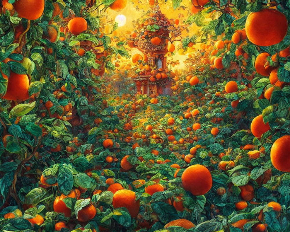 Vibrant orange grove with ripe fruits and mystical structure