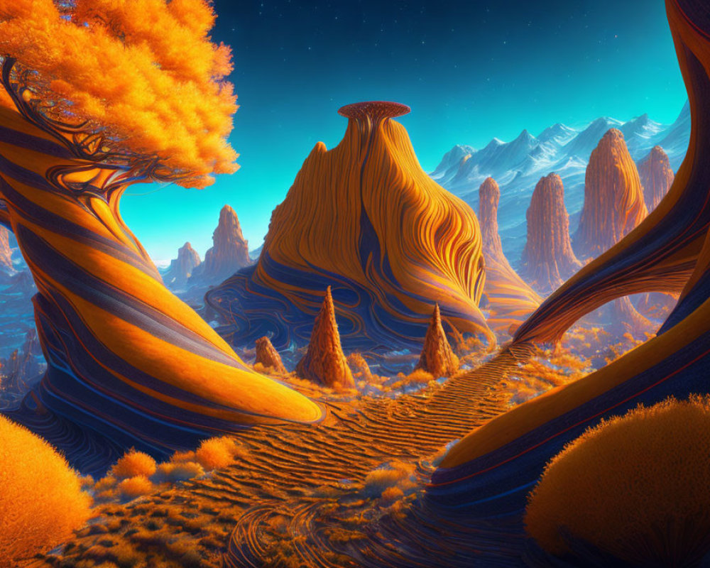 Colorful Alien Landscape with Orange Foliage and Blue Rock Formations