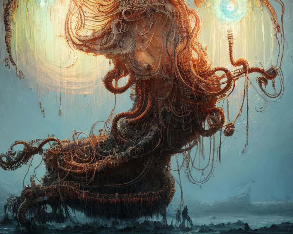 Fantastical octopus-like creature with tendrils above desolate landscape.