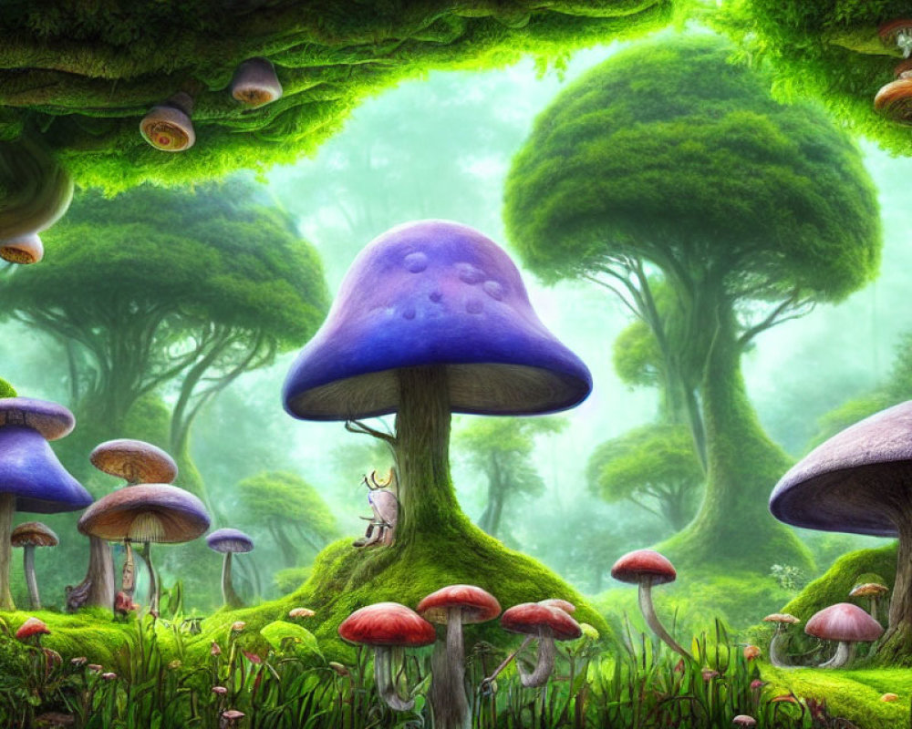 Enchanting Fantasy Forest with Oversized Mushrooms and Whimsical Snails