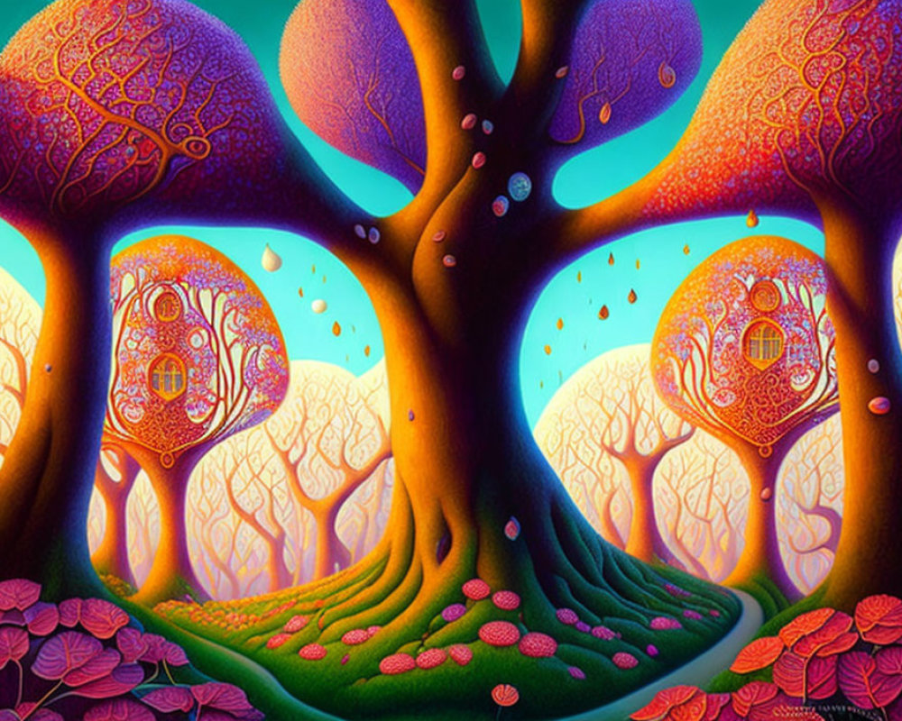 Colorful landscape with stylized trees and orbs against gradient sky