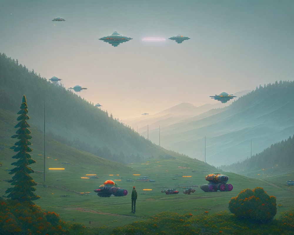 Futuristic vehicles and flying saucers in misty green valley