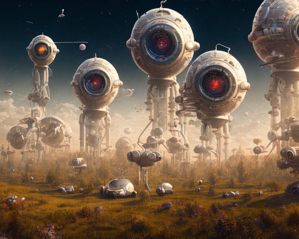 Fantastical landscape with hovering robotic spheres in golden haze