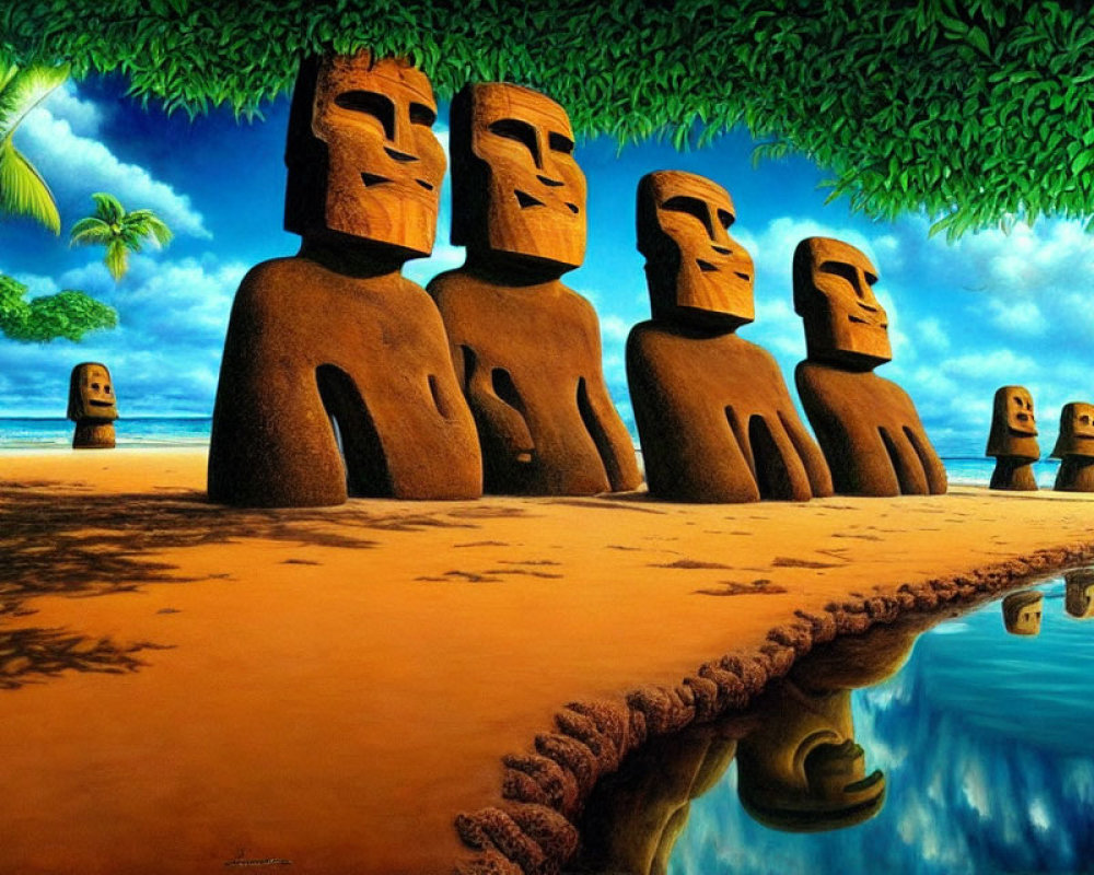 Moai statues with reflection, palm trees, blue sky