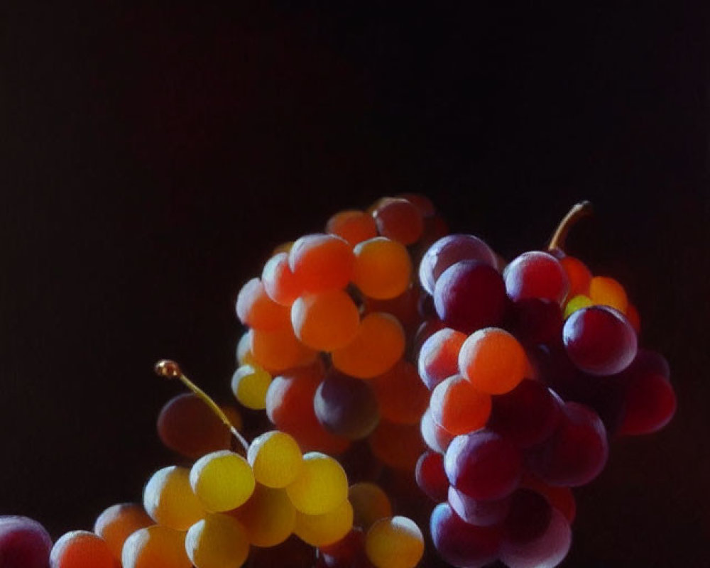 Vibrant multi-colored grapes on dark background with soft glow