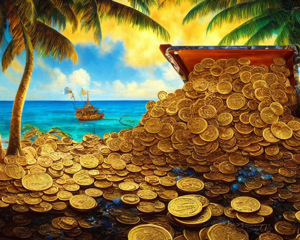 Tropical beach scene with overflowing gold coins