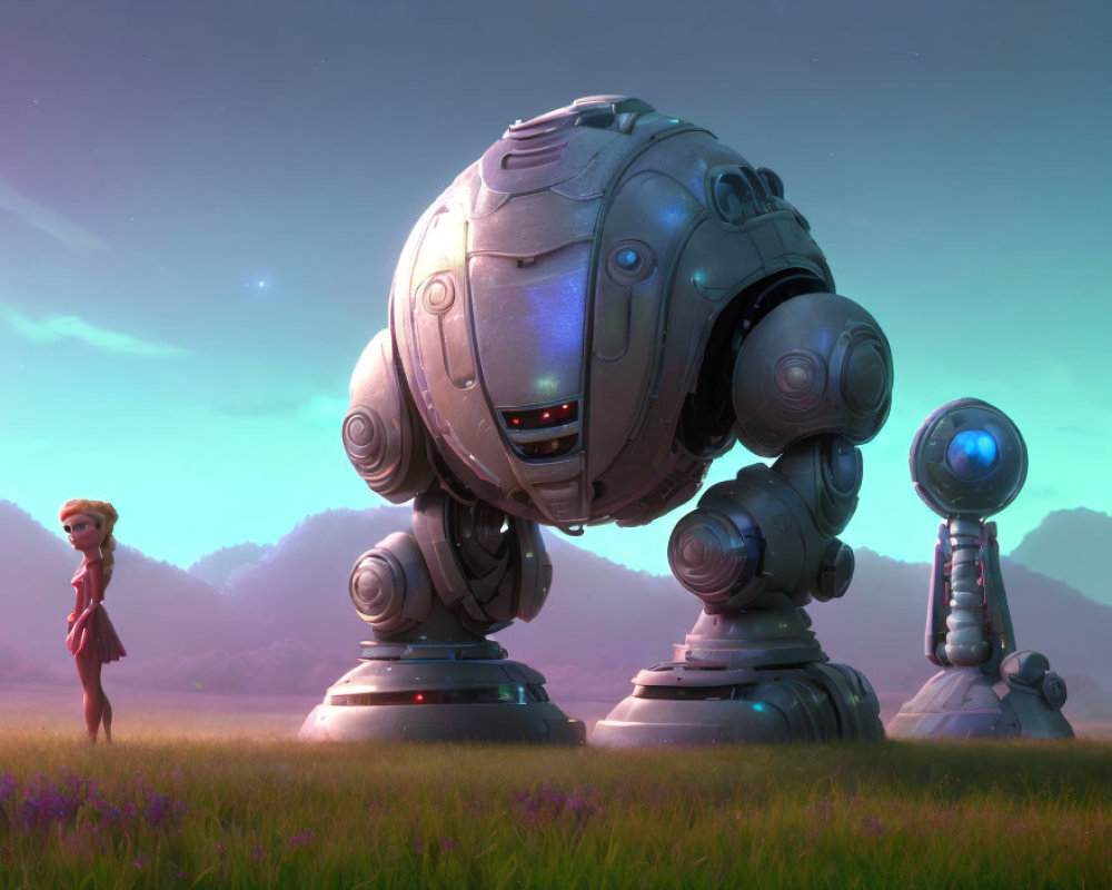 Stylized animated image of woman with two friendly robots in field at dusk