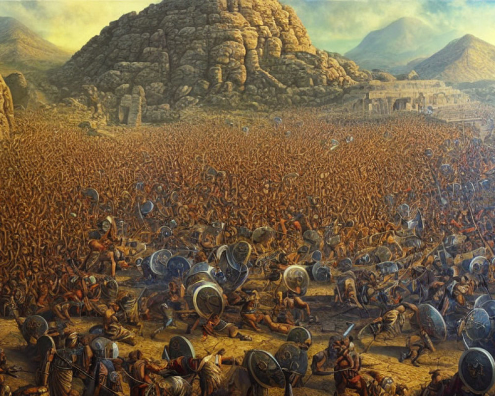 Detailed ancient battlefield with warriors in helmets and armor clashing amidst rocky ruins.