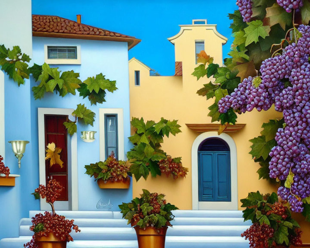 Colorful Mediterranean Style Building with Grapevines under Clear Sky