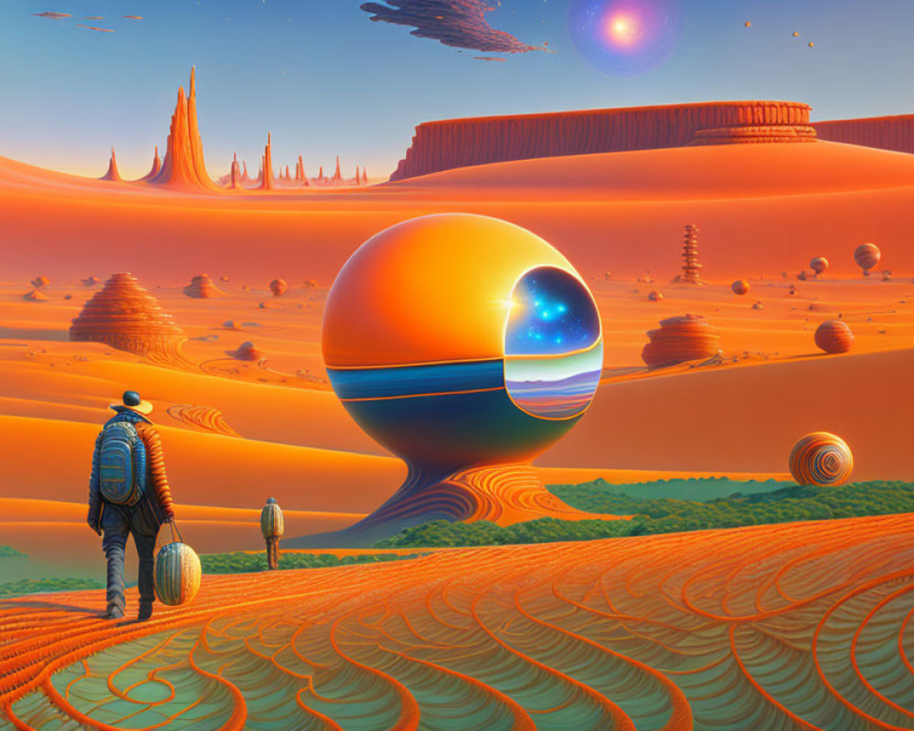 Futuristic figure in surreal landscape with orange dunes, floating orbs, and towering structures