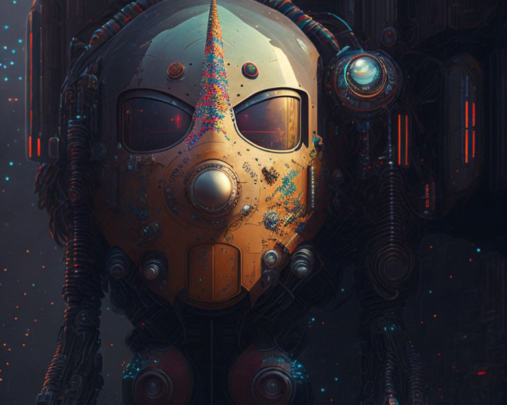 Detailed robot head illustration with vibrant accents on dark background