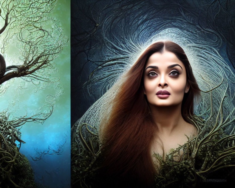 Woman with Long Flowing Hair in Mystical Forest Setting