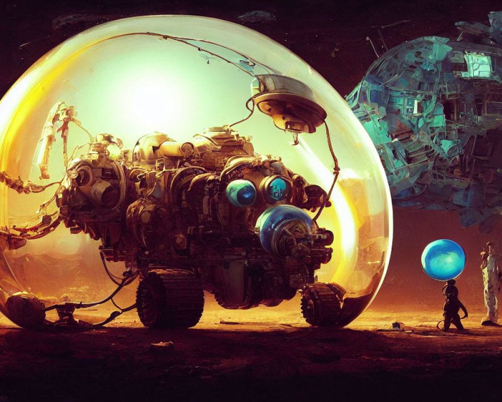 Person standing by glowing orb and large mechanical structure on alien landscape.