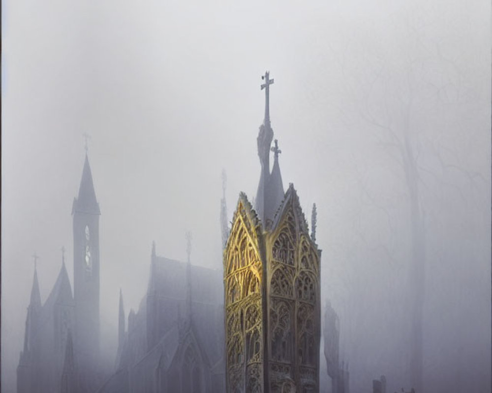 Foggy Gothic church with shadowy gravestones & bare trees