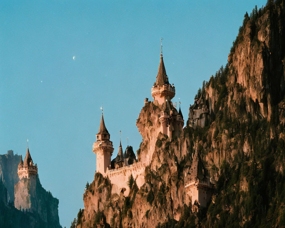 Castle on forested mountain at dusk with spires and moon