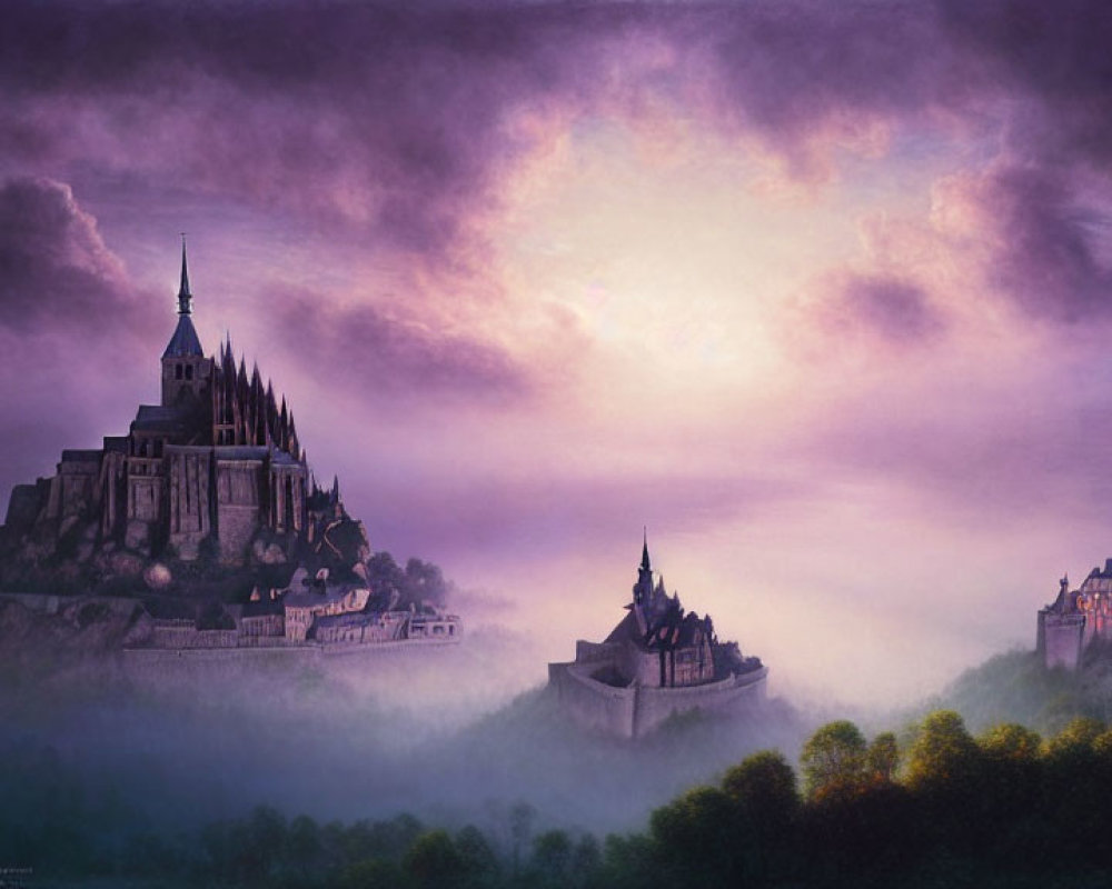 Enchanting castle scene with foggy hill, sunrise, and distant fortress