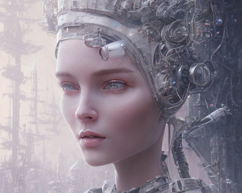 Female Android Portrait with Mechanical Details in Futuristic Setting