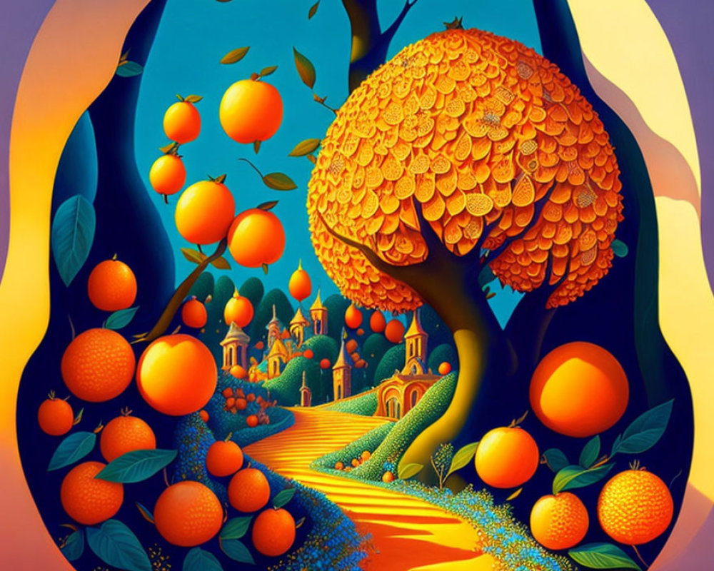 Colorful whimsical orange grove with oversized fruit, golden tree, castle, and rolling hills