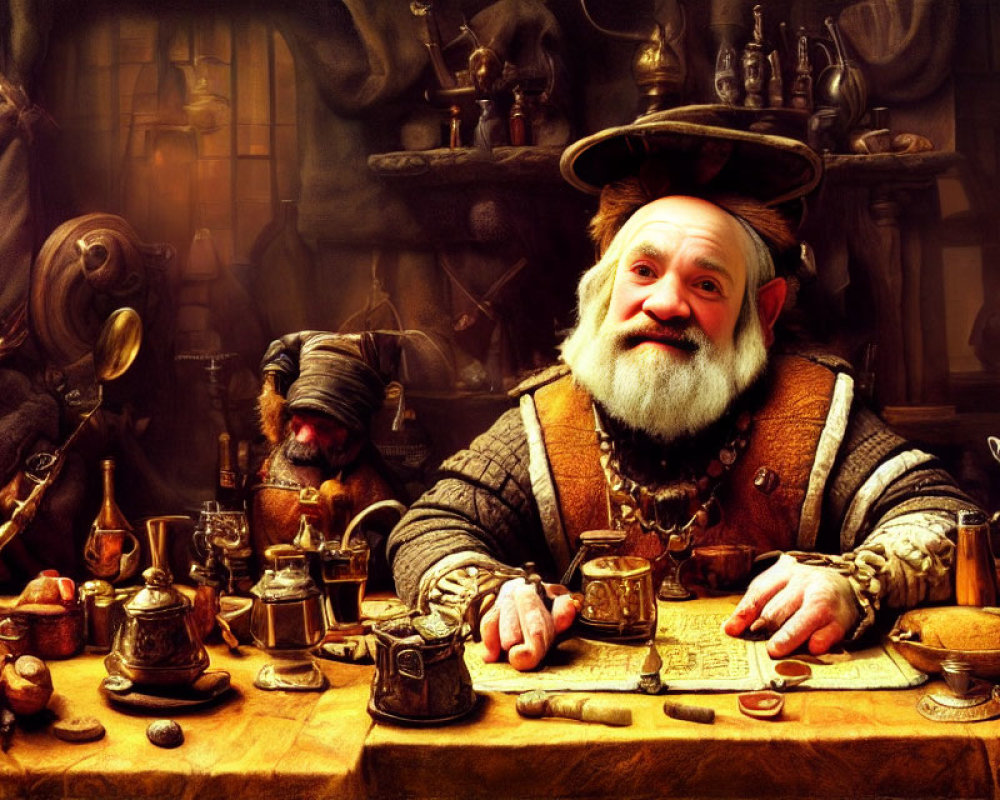 Elderly man with white beard in renaissance hat surrounded by vintage objects and maps