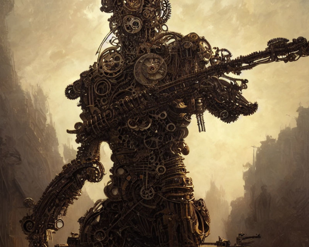 Intricate gears and mechanical parts in towering robotic figure.