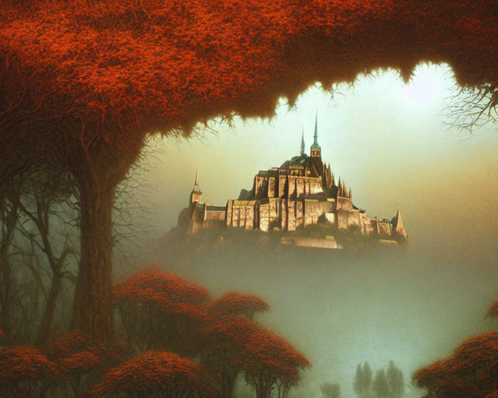 Mystical Castle in Autumn Forest with Red Foliage and Foggy Sky