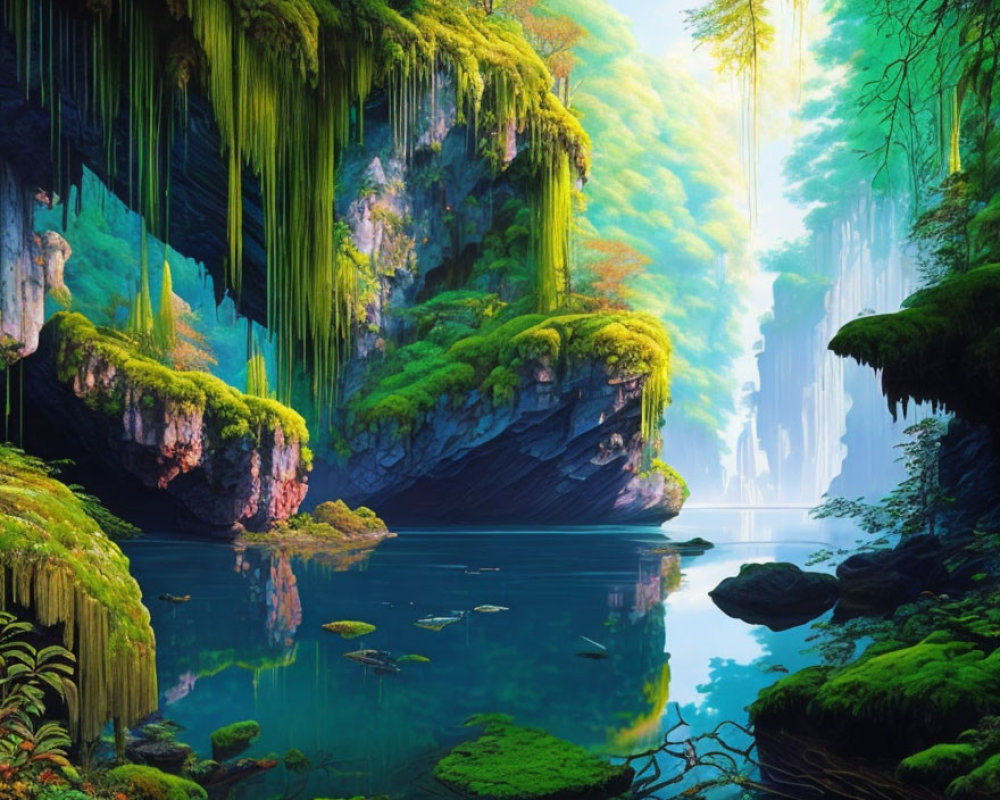 Tranquil forest scene with moss-covered cliffs and blue river