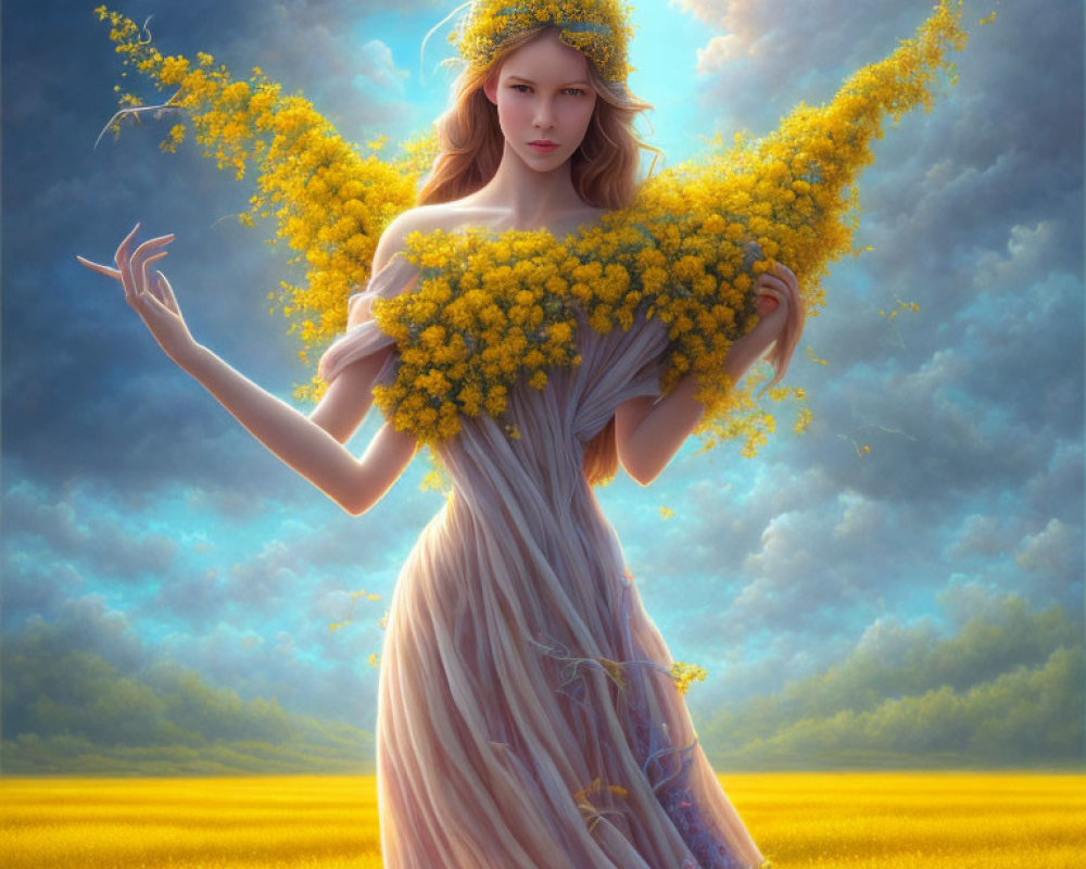 Woman in yellow flower dress standing in blooming field with floral arrangement under dramatic sky