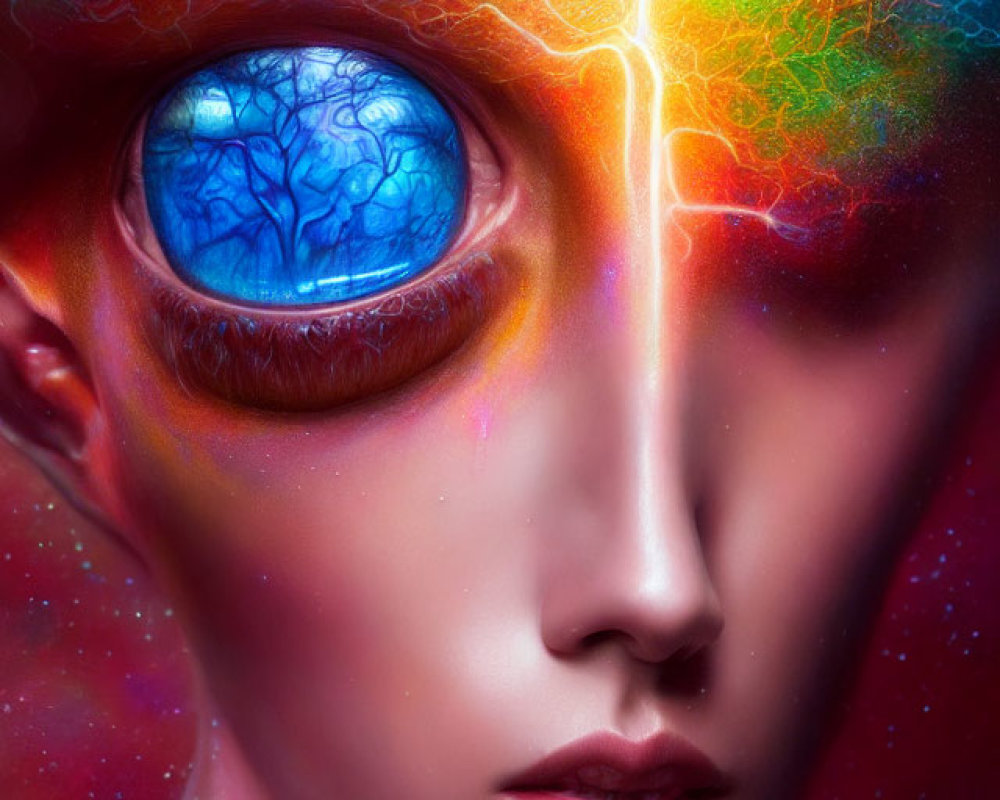 Vibrant surreal portrait of humanoid face with colorful brain map overlay