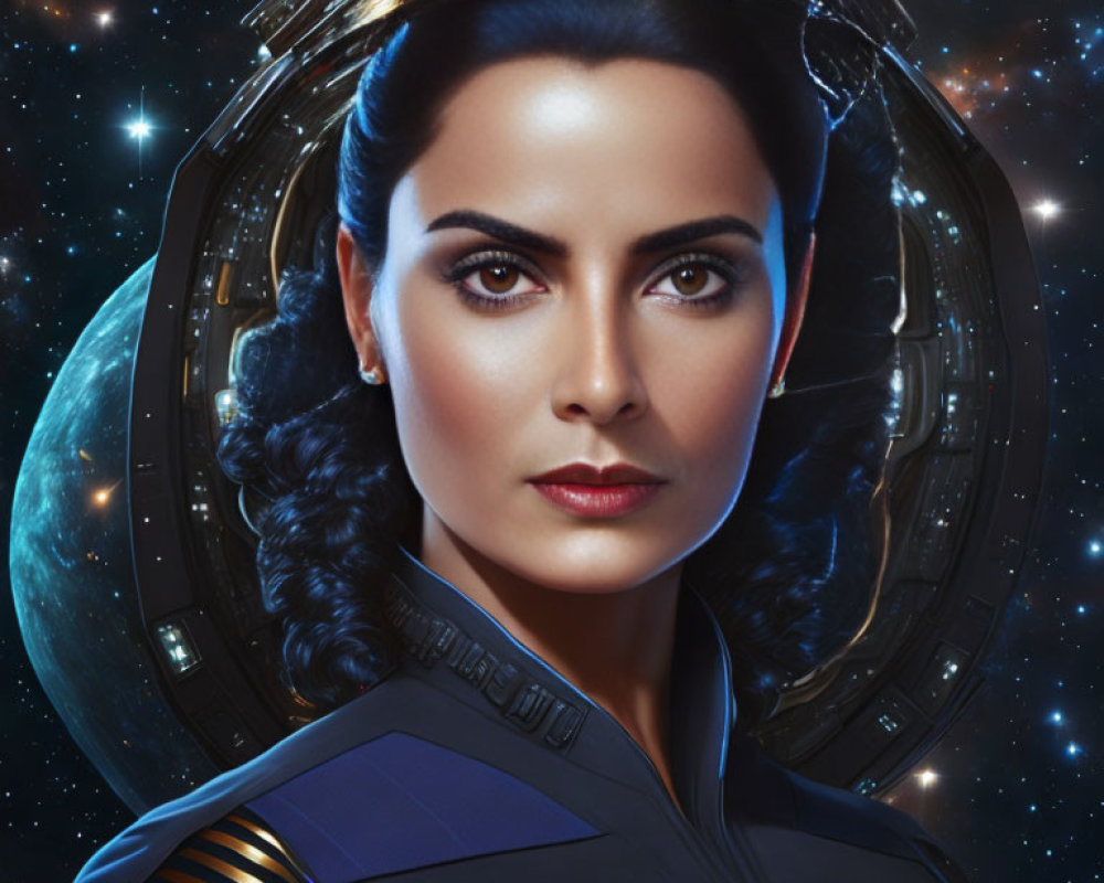 Confident woman in futuristic uniform with braided hair in space setting