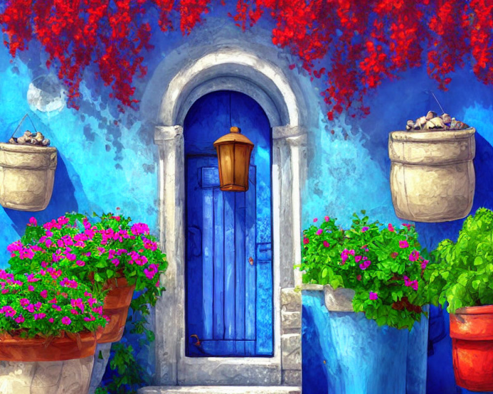 Colorful flowers and lantern adorn blue doorway in painted scene