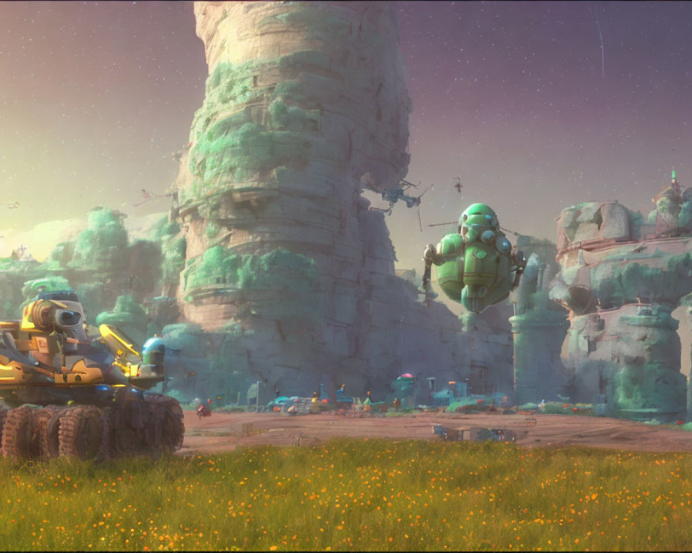 Futuristic robots in lush landscape with rock formations and settlement under dusky sky