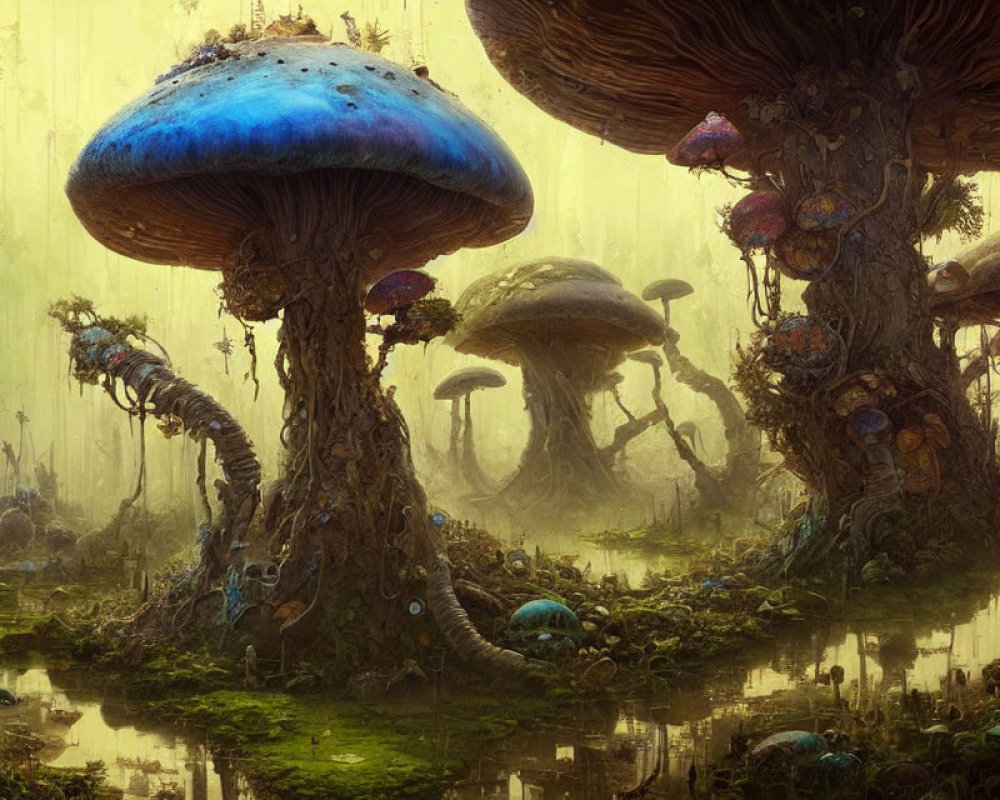 Enchanting Forest Scene with Oversized Colorful Mushrooms