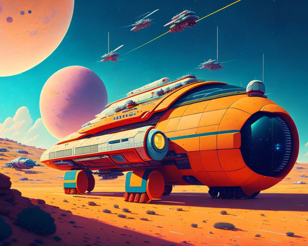 Illustration of orange spaceship on desert alien planet with flying crafts under moon and blue sky.