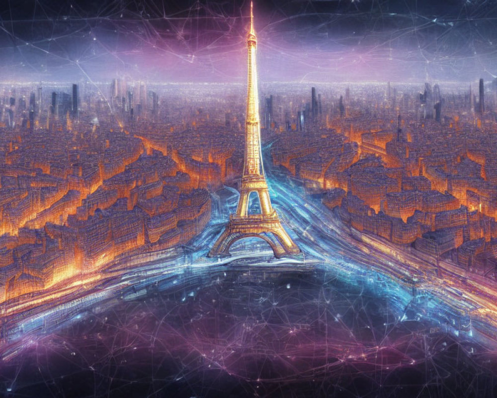 Futuristic cityscape with towering spire and glowing pathways