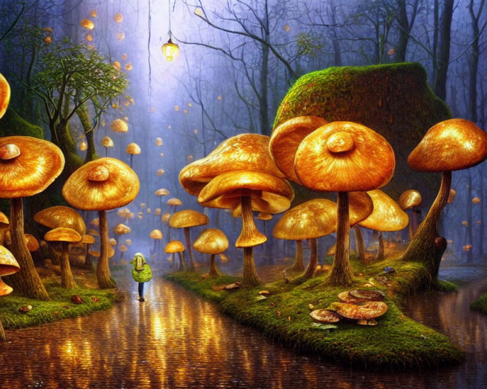 Enchanted forest with glowing mushrooms and reflective water path