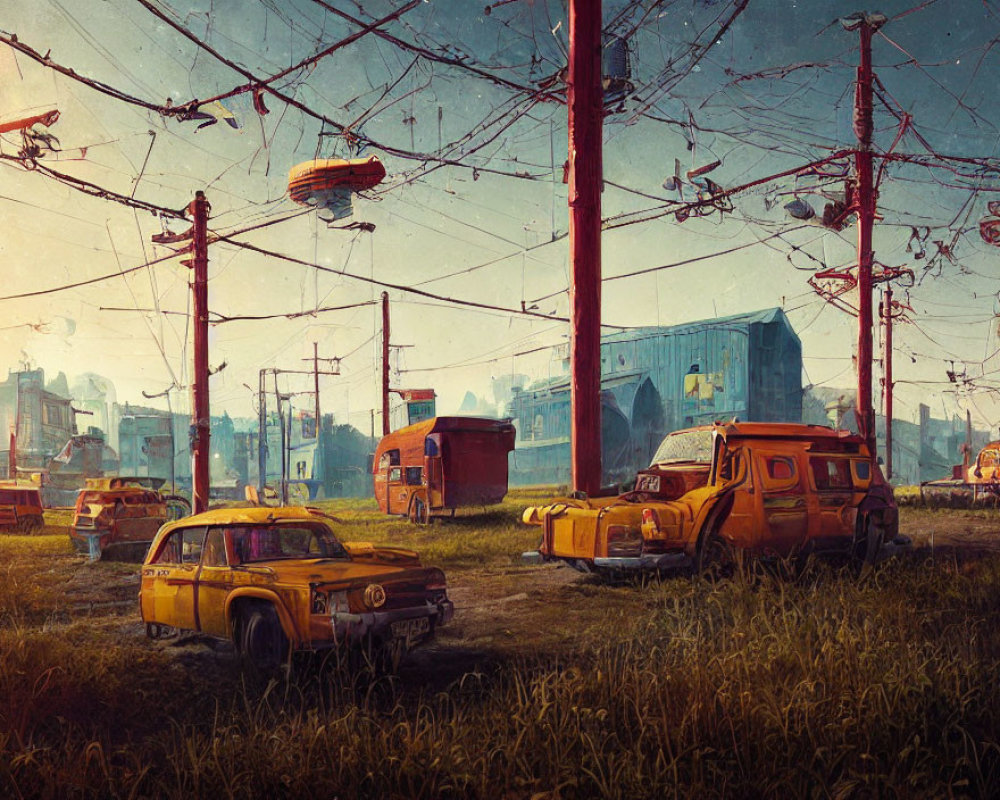 Dystopian landscape with abandoned vehicles, overgrown grass, dilapidated structures, and airships