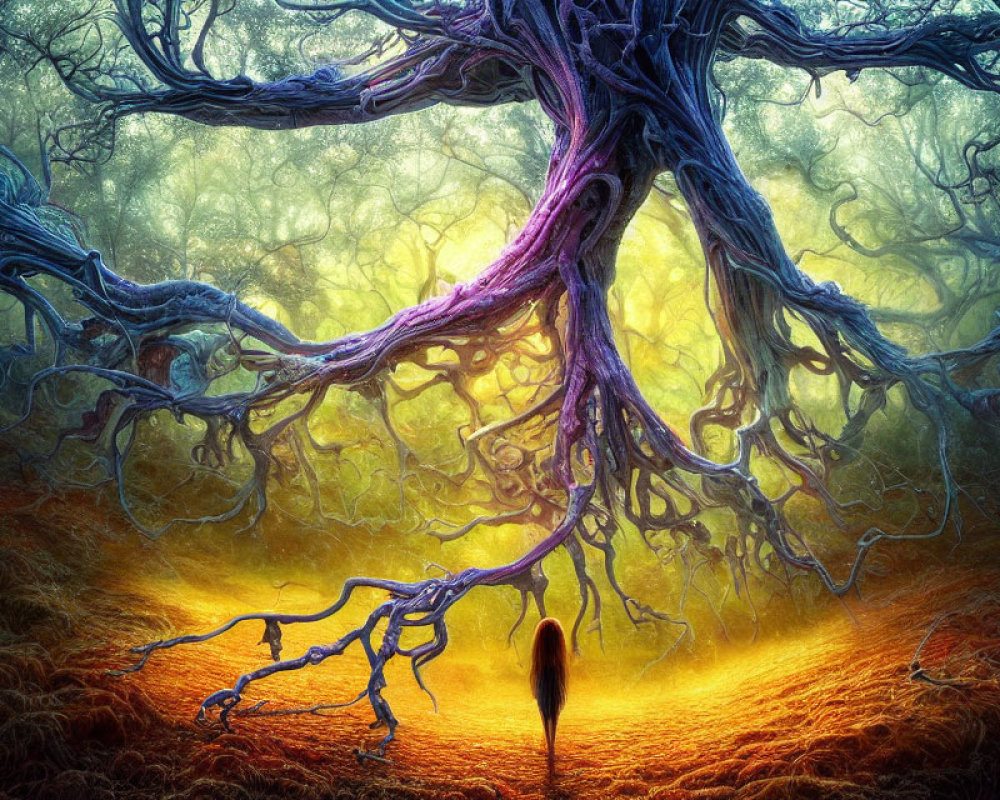 Vibrant, twisted tree in mystical forest with lone figure beneath