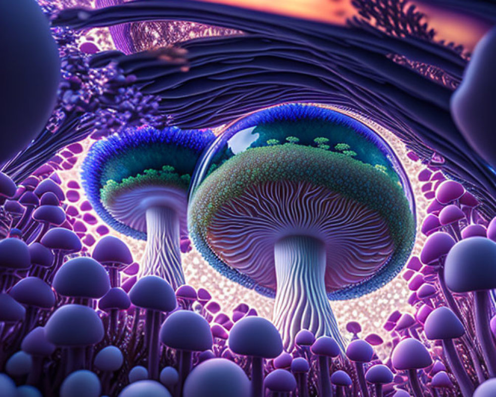 Colorful digital art: Fantastical mushroom forest with alien atmosphere