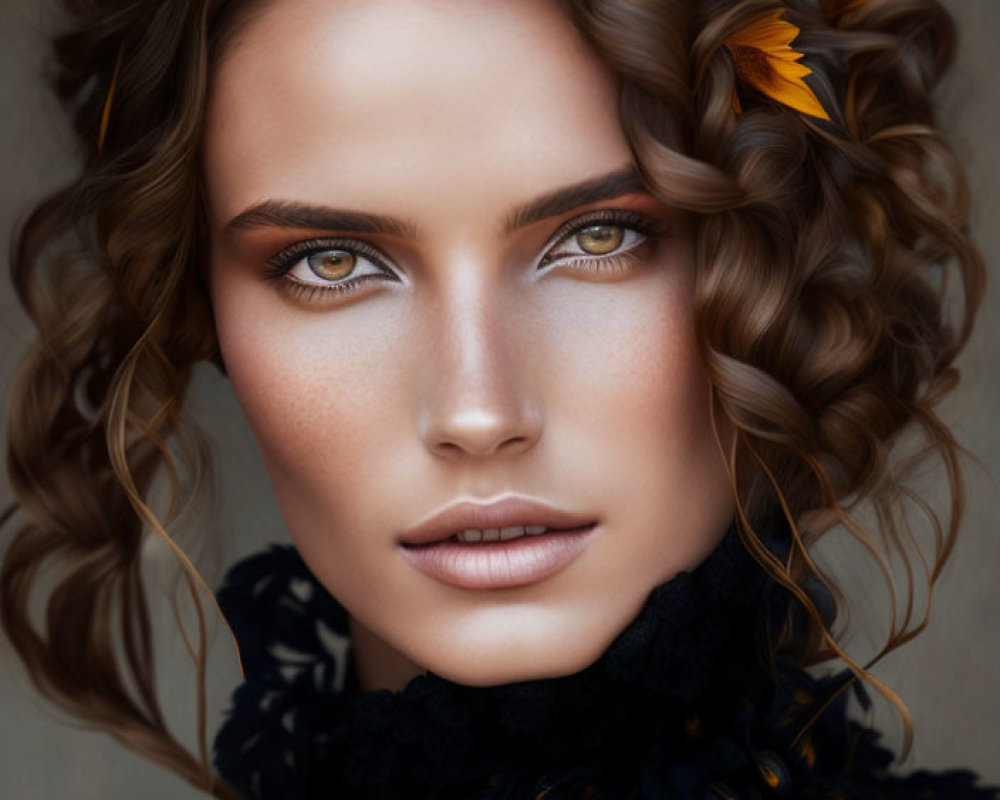 Woman with Intense Hazel Eyes and Curly Hair Adorned with Yellow Flowers