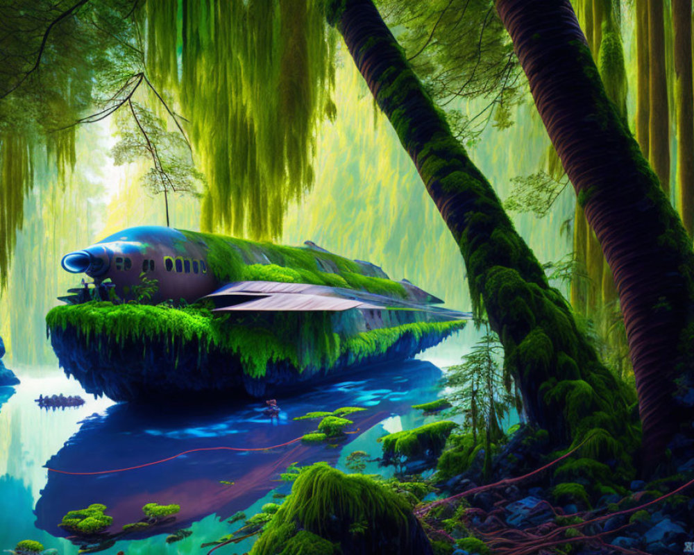 Futuristic aircraft in moss-covered forest with river and boat