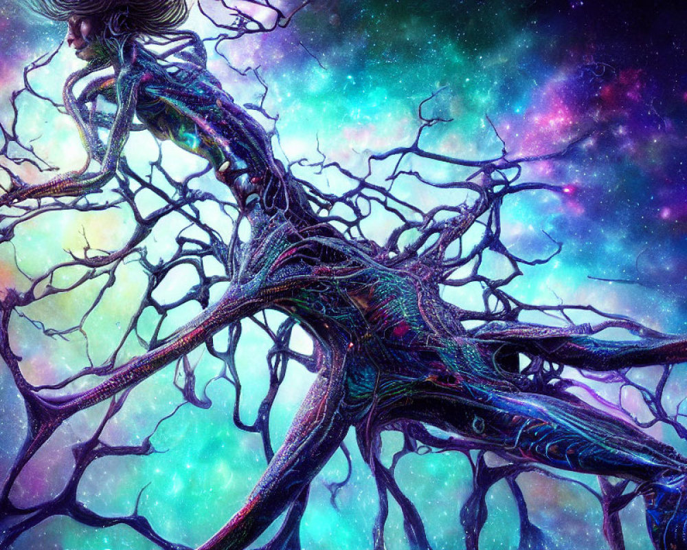 Cosmic human figure merges with tree-like structures in nebula background