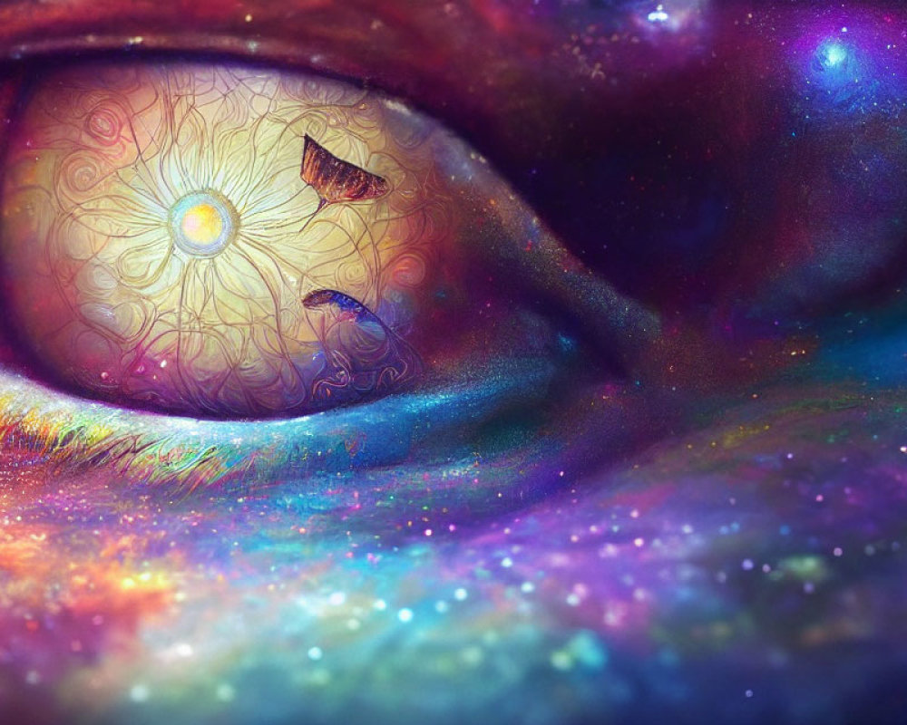 Vibrant cosmic eye art with galaxy iris and butterflies