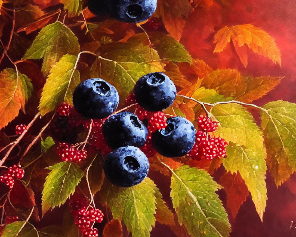 Colorful Still Life Painting of Berries and Leaves on Red Background