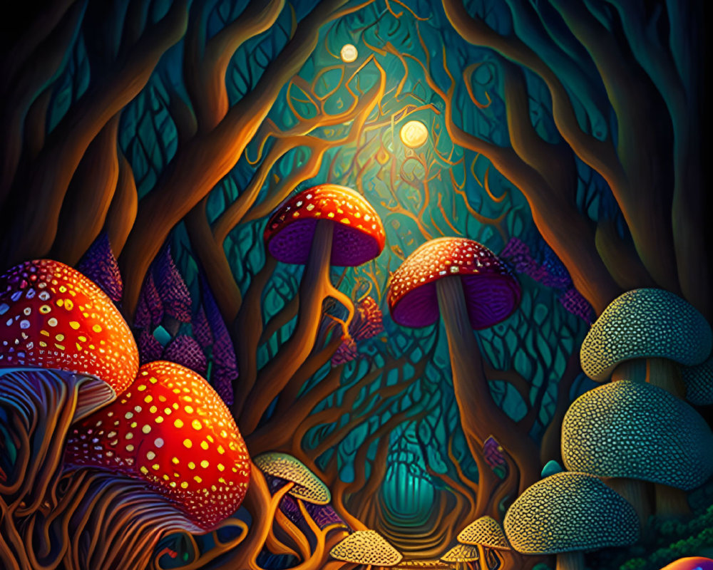 Enchanting forest with oversized glowing mushrooms and illuminated pathways