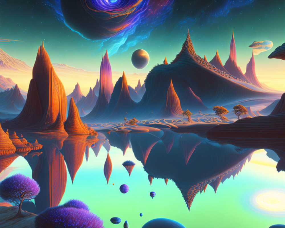 Surreal landscape with towering spires and floating islands