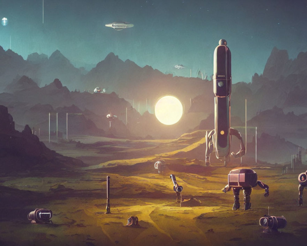 Retro-futuristic dusk landscape with robots, mountains, sun, and spaceships