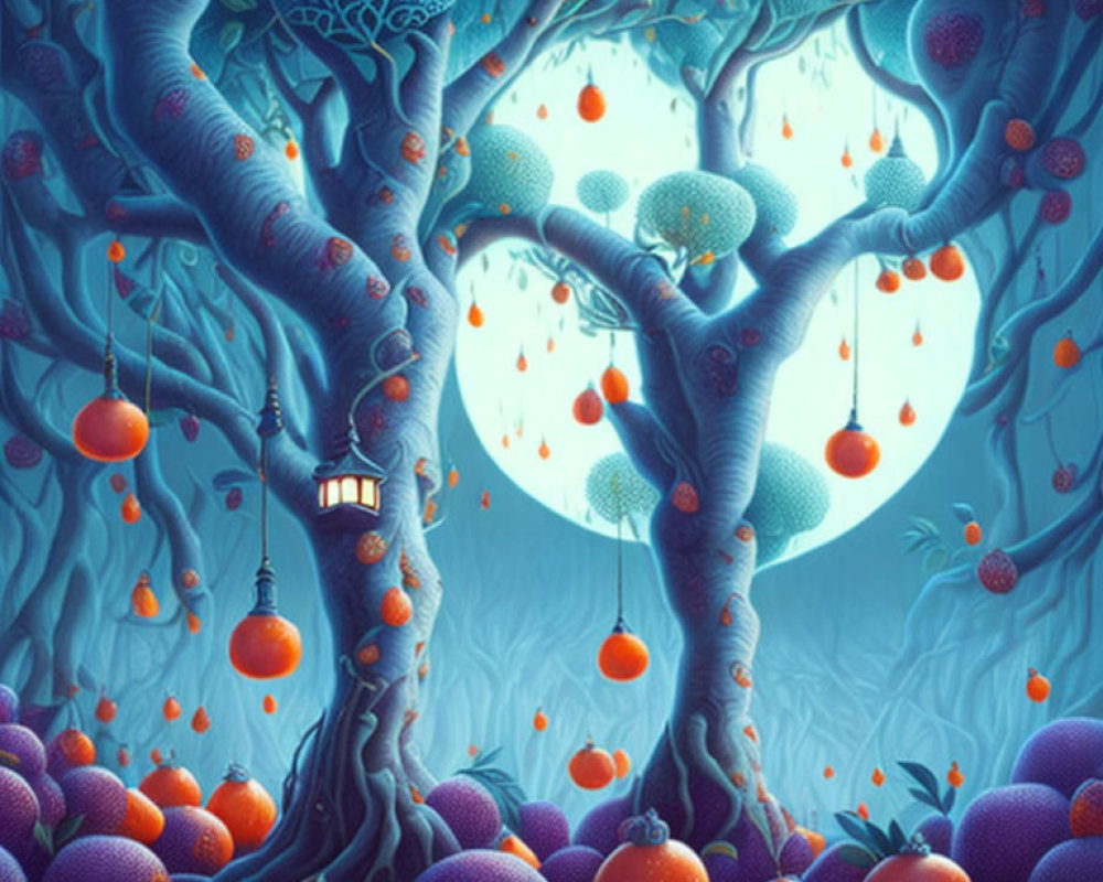 Blue Trees and Orange Lantern Fruits in Moonlit Forest