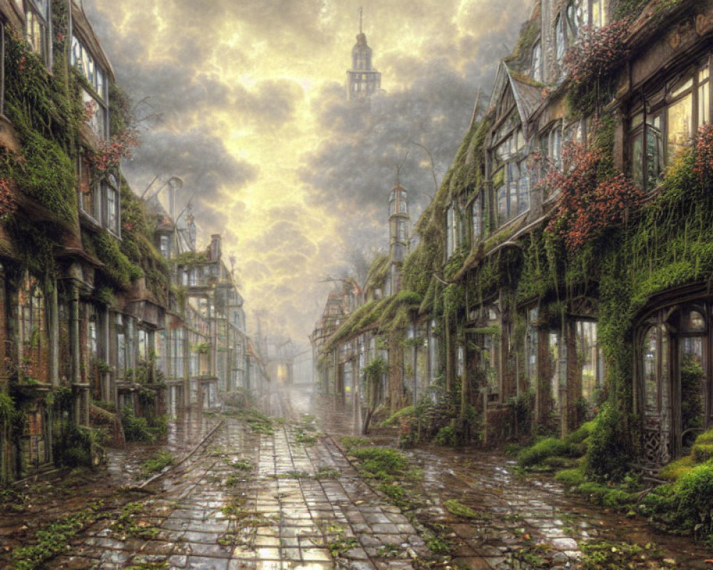 Ivy-covered buildings on cobblestone street under dramatic sky