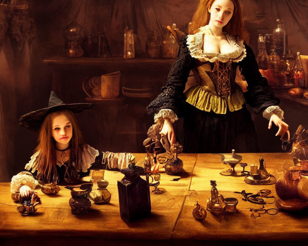 Period costume individuals with antique potion-making items in dimly-lit room