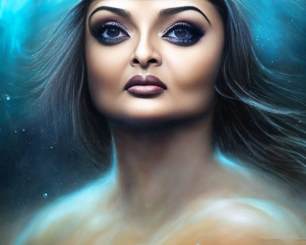 Intense-eyed woman portrait in cosmic setting